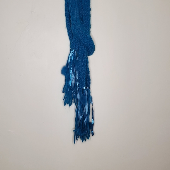 Cerulean Blue Blocked Knit Scarf with Ribbons and Angora Rabbit Hair Puffs - Picture 11 of 11